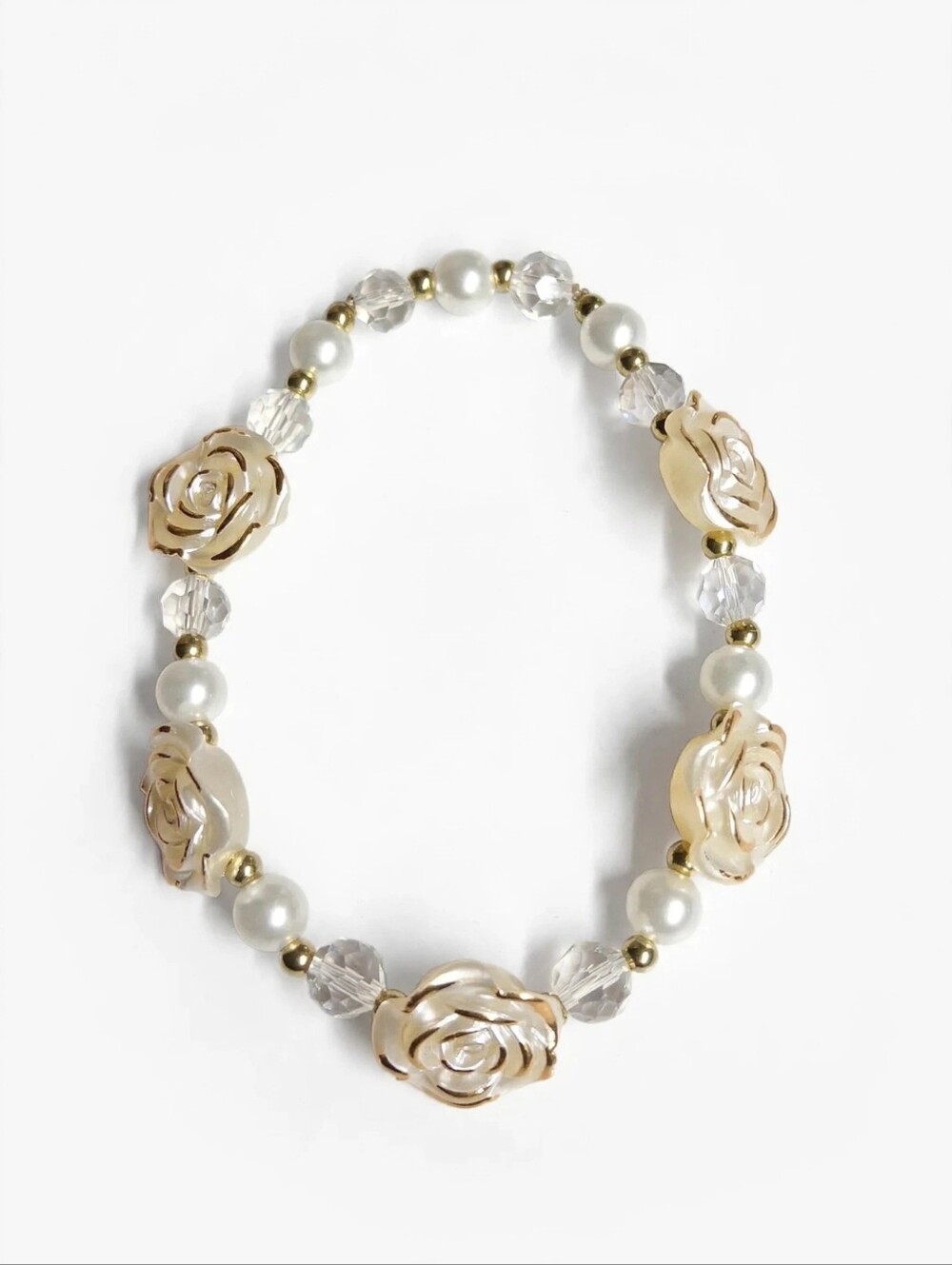 Rose Motif Pearl Bracelet in Cream & Gold - Women Jewelry